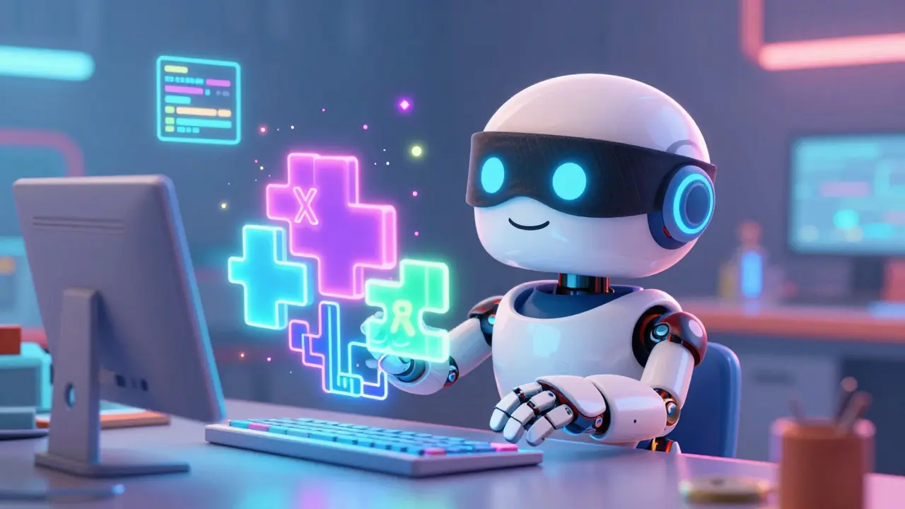 Robot con venda en los ojos procesando circuitos lógicos brillantes y coloridos.