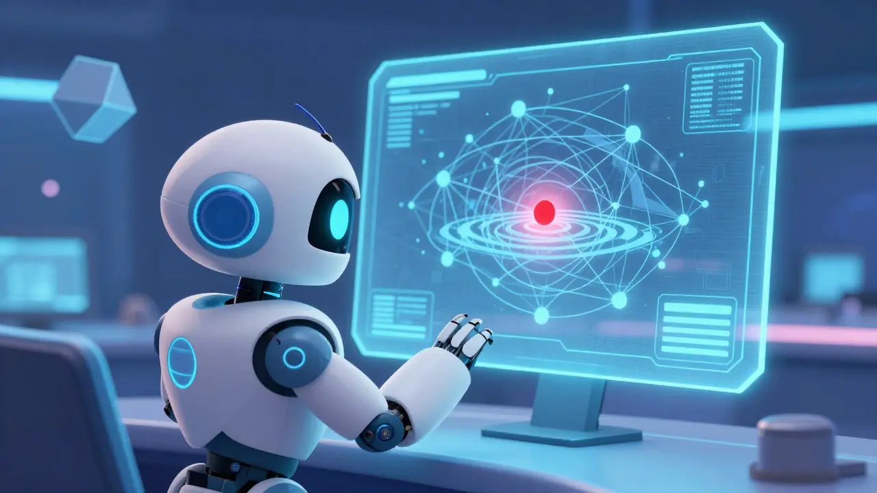 Robot de seguridad observando un error digital rojo en una pantalla holográfica