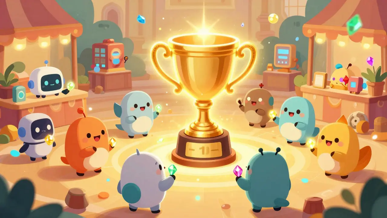 Robots felices intercambiando gemas brillantes en un mercado digital