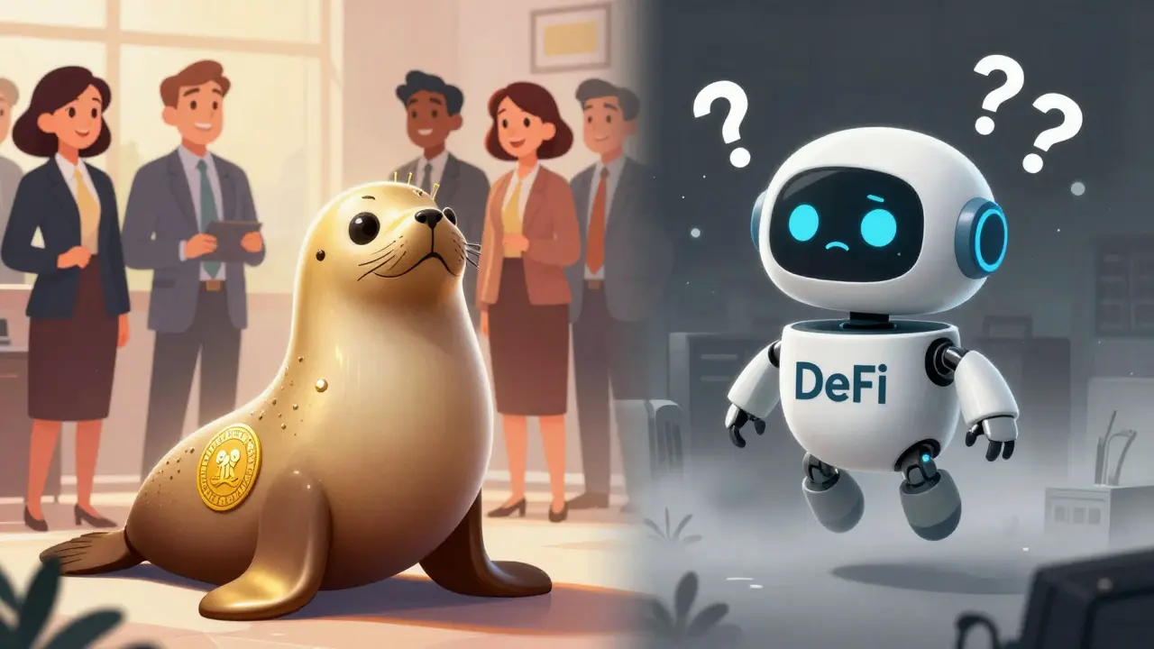 Sello de aprobación regulatorio atrayendo inversores frente a un robot DeFi en la incertidumbre.