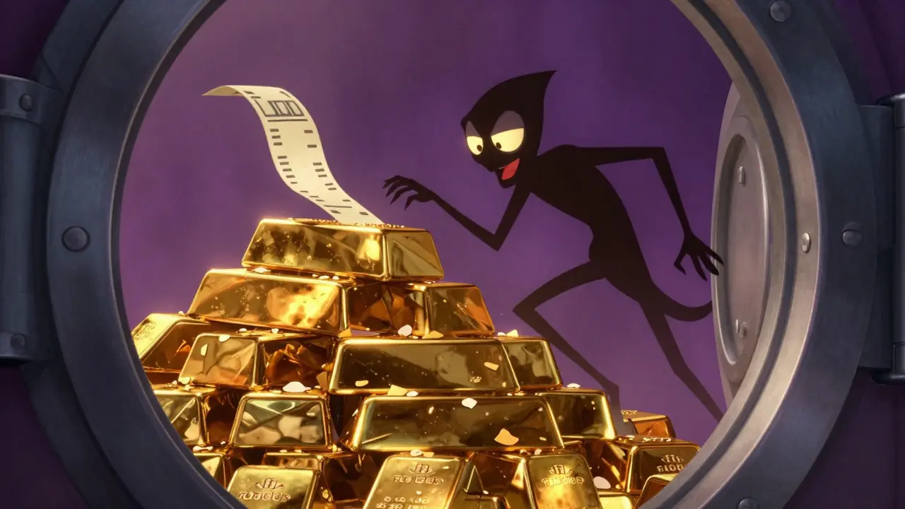 Sombra traviesa robando lingotes de oro y dejando un recibo de papel en una bóveda