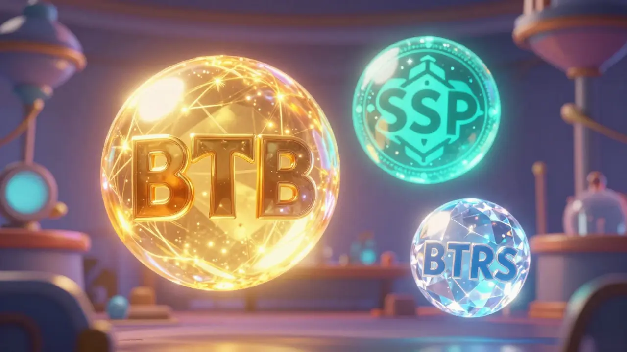 Tres esferas brillantes y coloridas que representan los tokens BTB, BSP y BTRS.
