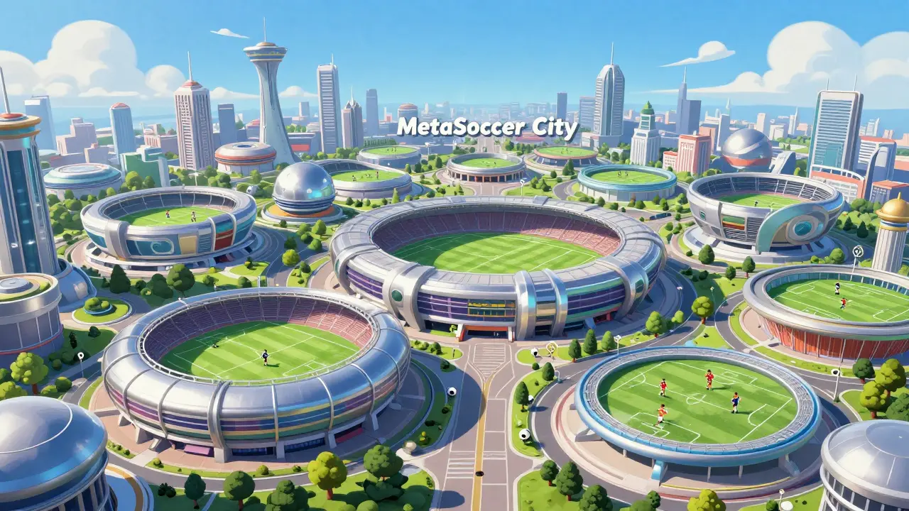 Vista aérea de MetaSoccer City con estadios futuristas y campos de juego verdes.
