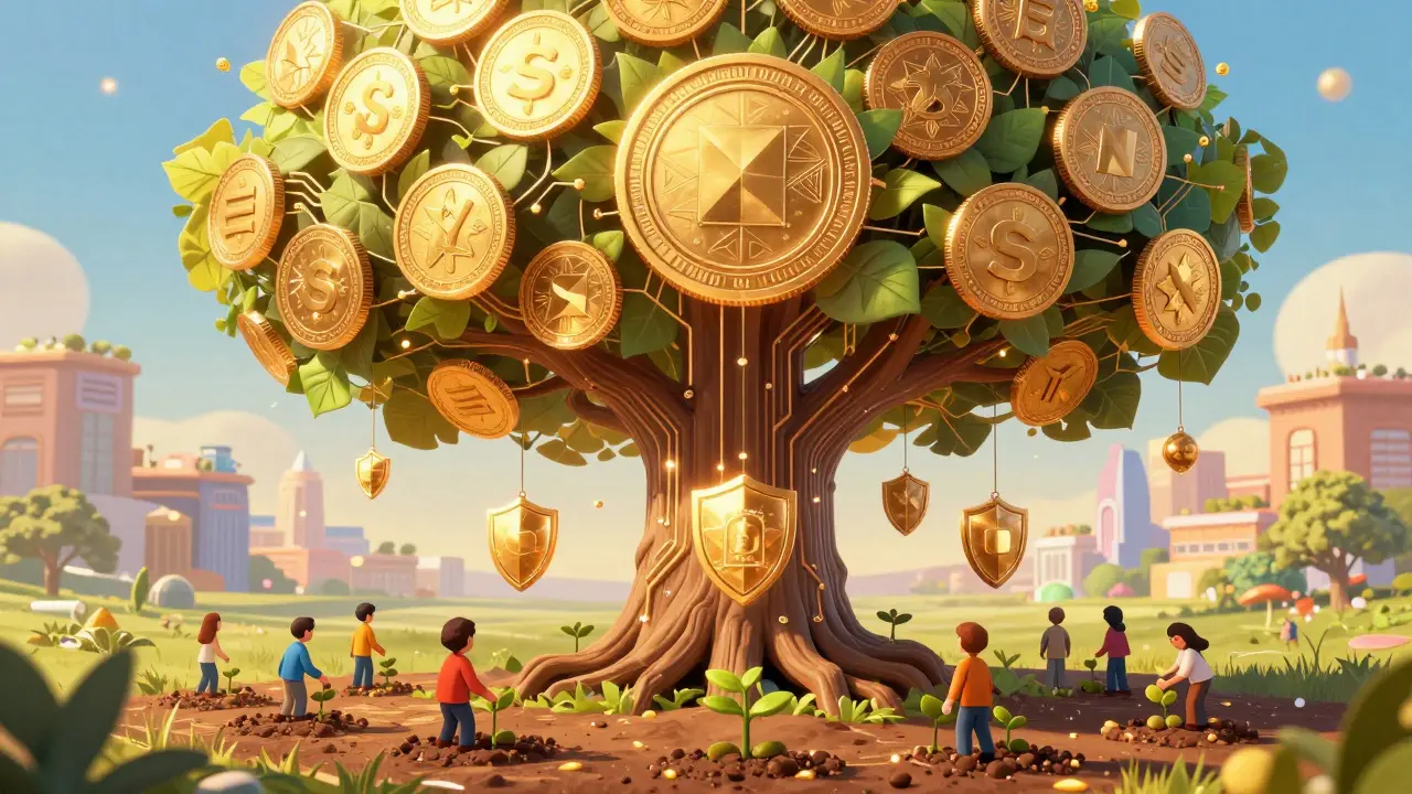 Árbol tecnológico con monedas doradas simbolizando staking y seguridad de la red