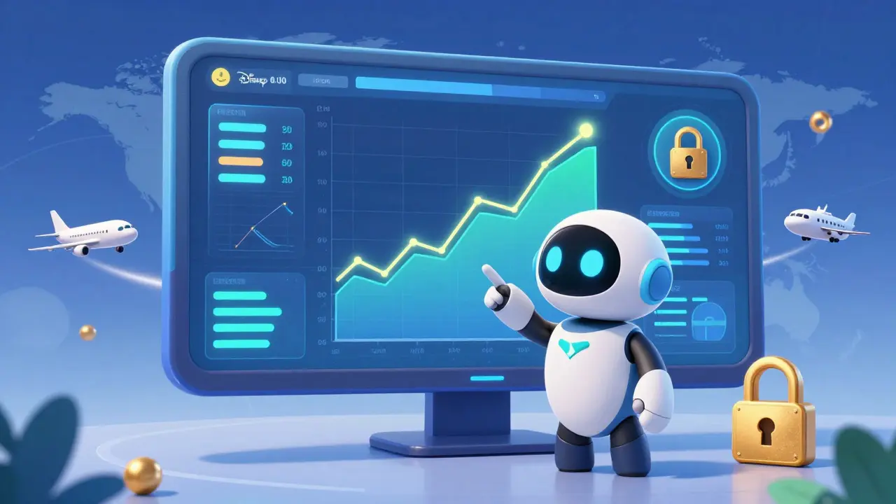 Arte conceptual estilo Disney mostrando seguridad financiera y tecnología futurista en una interfaz amigable.