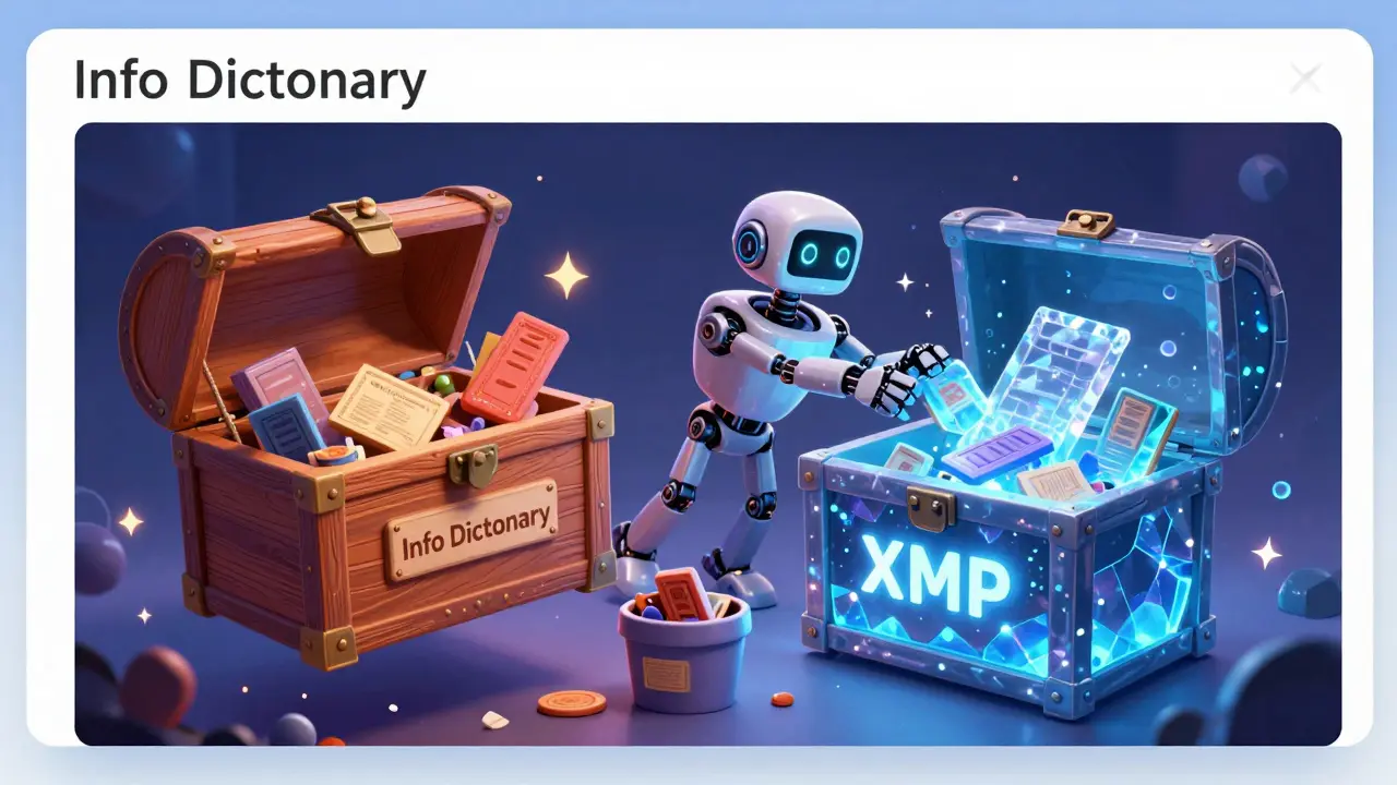 Arte digital estilo Disney mostrando la estructura interna de un PDF con diccionarios Info y XMP conflictivos.