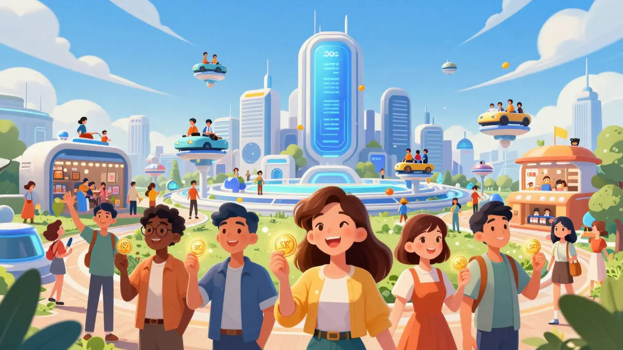 Ciudad futurista donde usuarios disfrutan del ecosistema blockchain