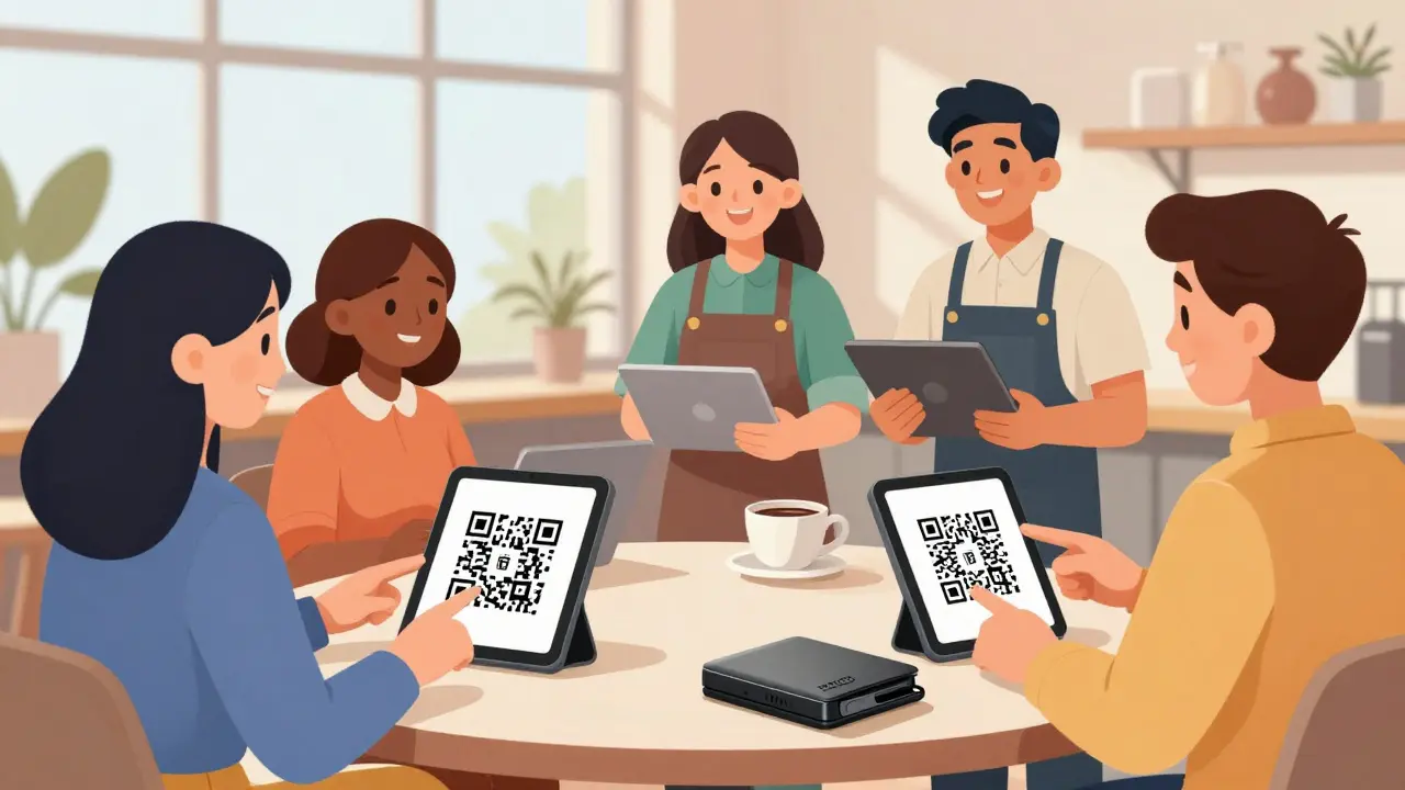 Clientes felices pagando con códigos QR en un entorno moderno y seguro