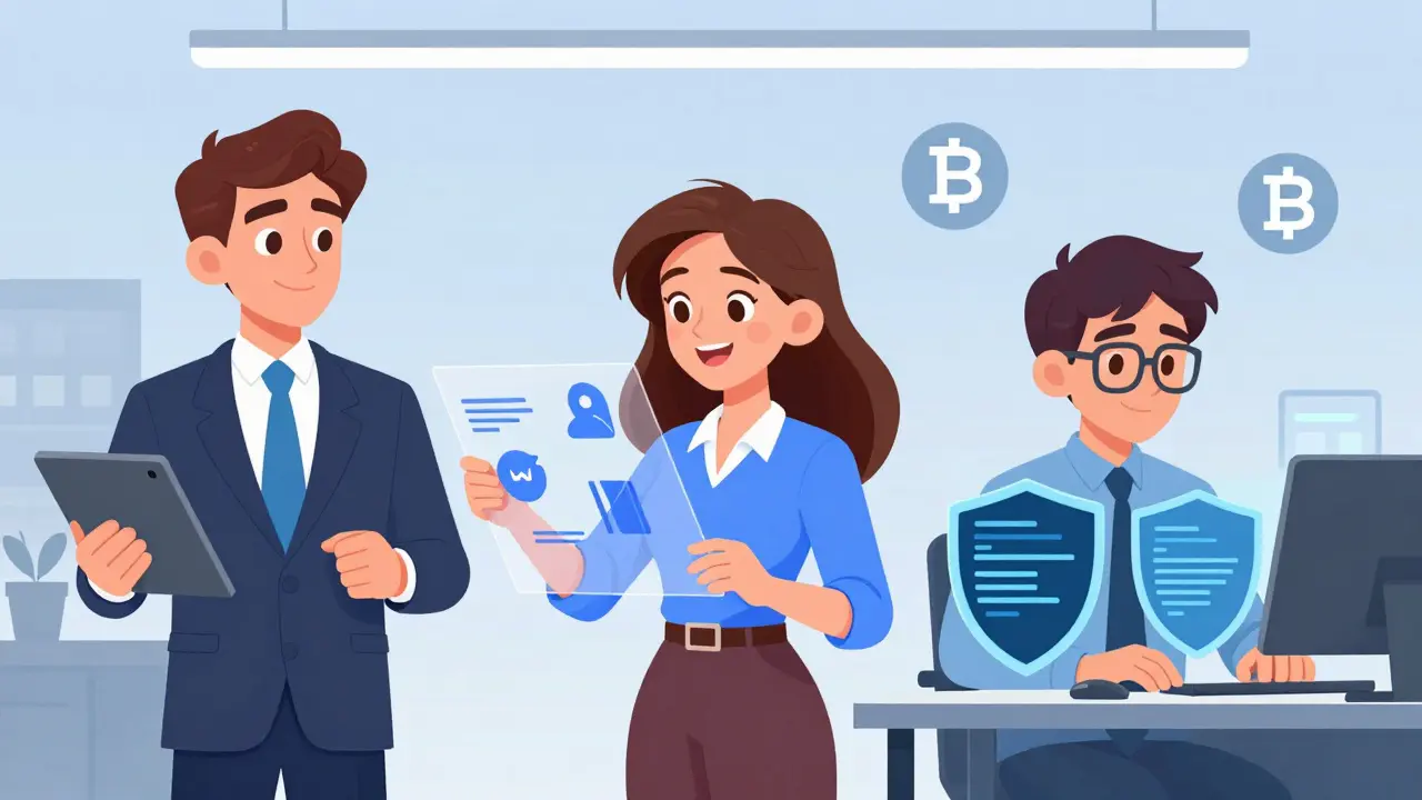 Equipo de desarrollo con CEO, CMO y CTO trabajando juntos en un entorno moderno y seguro.