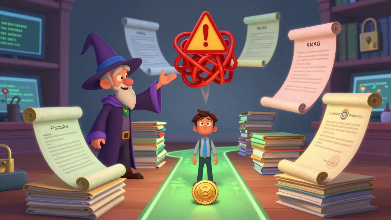 Escena animada de cumplimiento regulatorio donde documentos legales se organizan mágicamente.