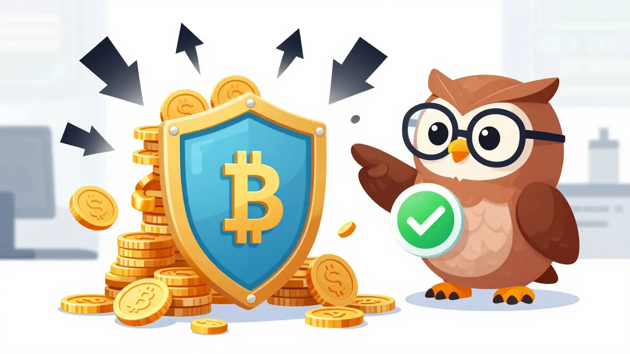 Escudo protector bloqueando amenazas de phishing alrededor de una billetera digital, con un búho sabio supervisando la seguridad