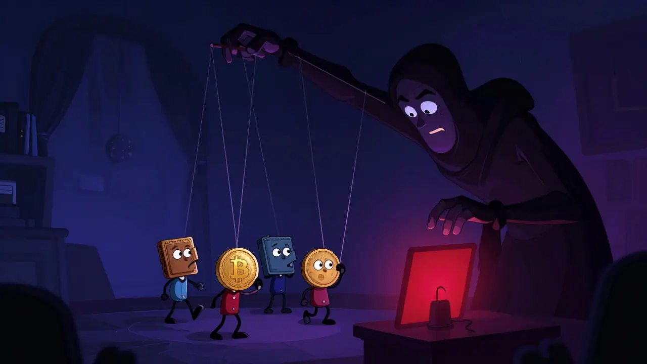 Figura oscura manipulando marionetas de carteras cripto en una escena sombría
