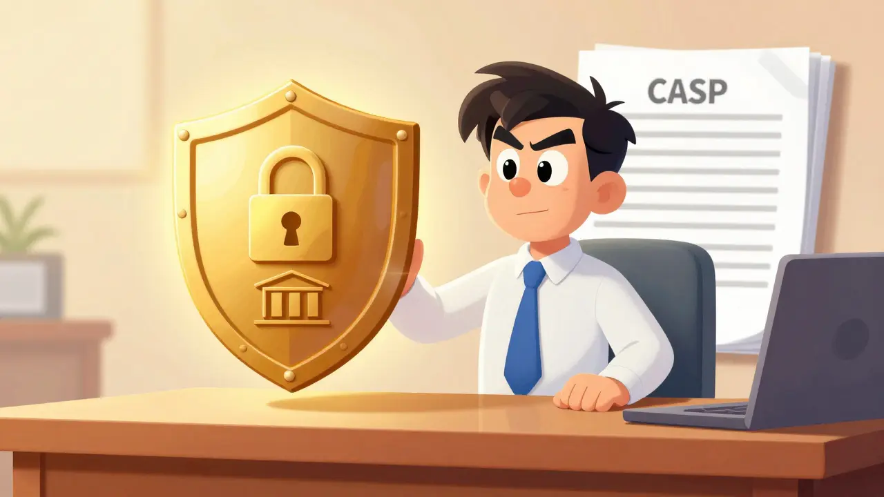 Funcionario de la SEC mostrando un escudo de seguridad regulatoria