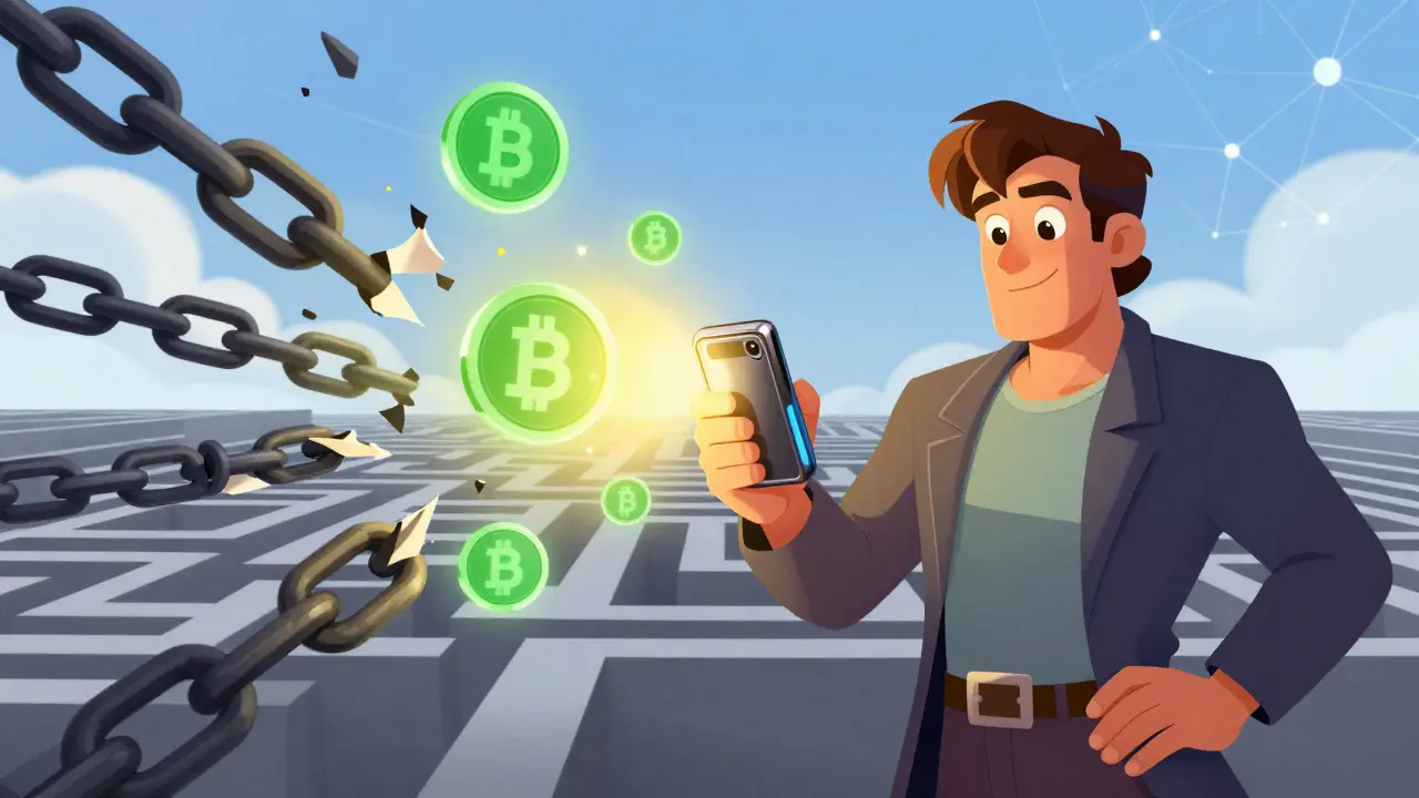 Fundador liberándose de cadenas usando billetera cripto con monedas estables