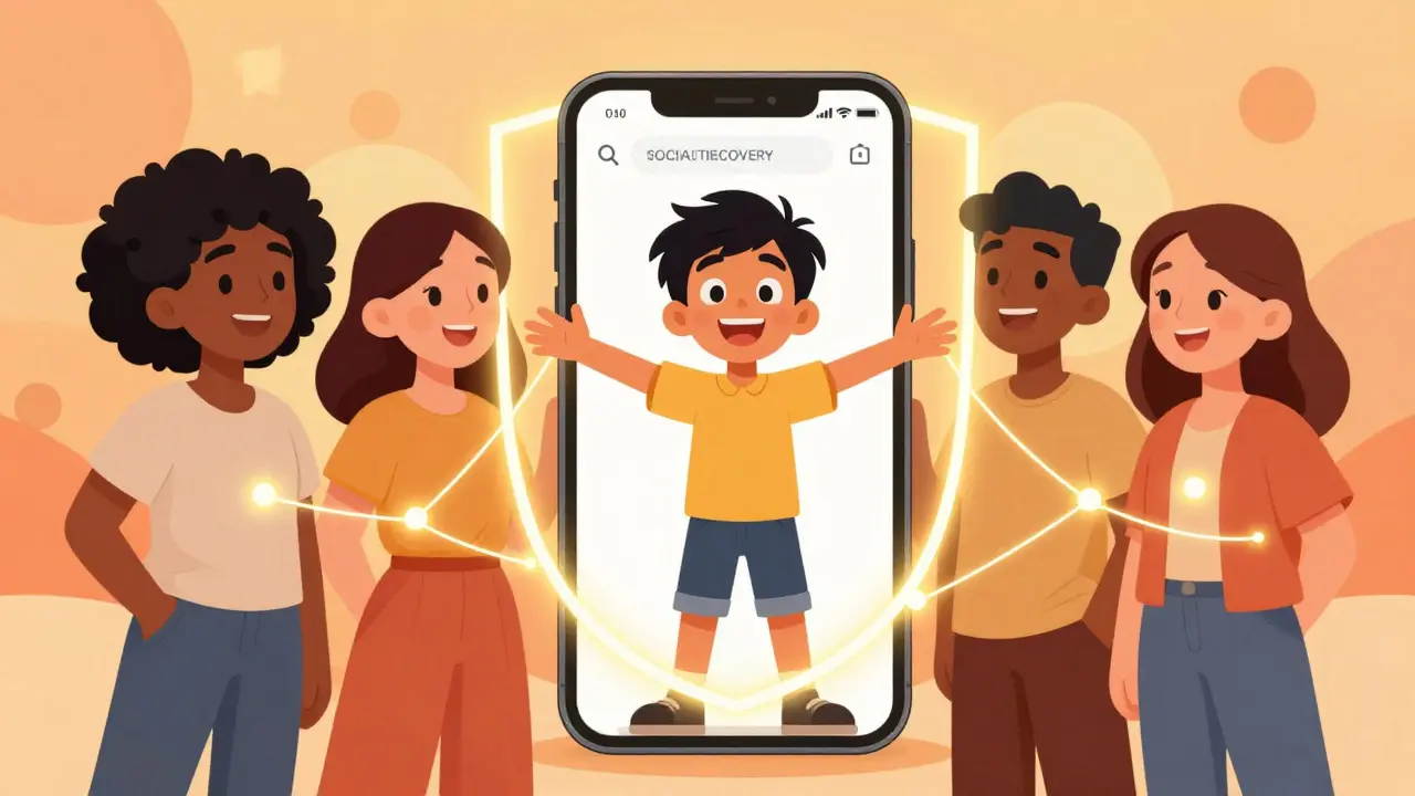Grupo de amigos conectados por luz dorada protegiendo un teléfono móvil seguro.