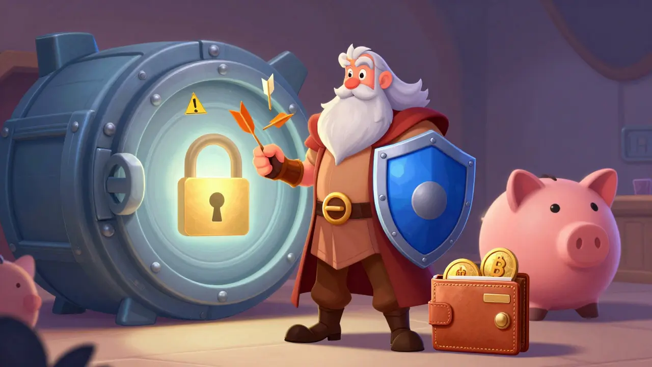 Héroe protegiendo un cofre seguro contra amenazas con un escudo protector