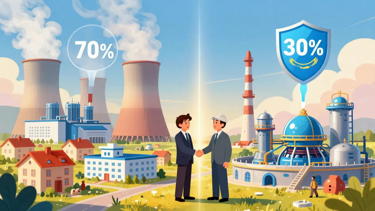 Ilustración conceptual del programa energético 70/30 para equilibrar uso civil y minería.