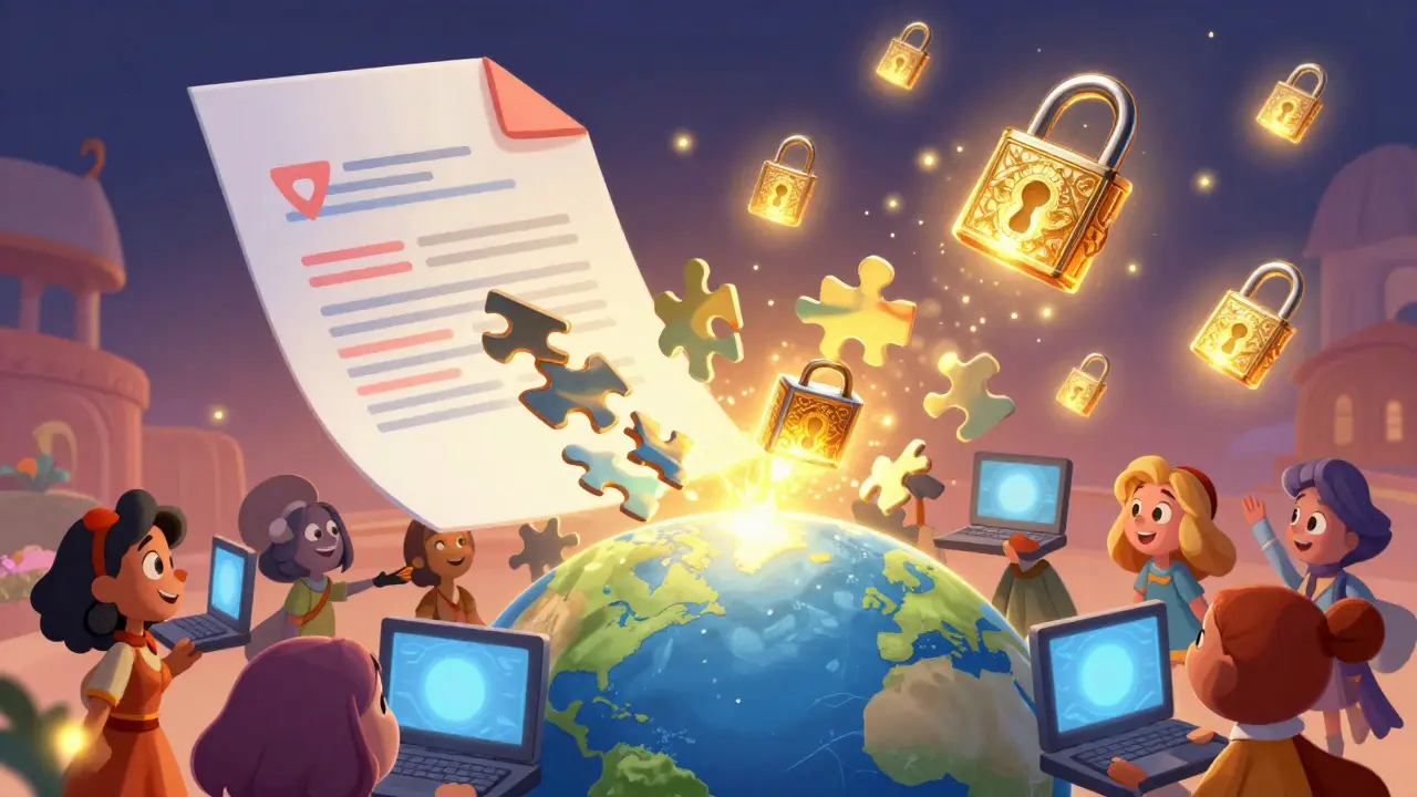 Ilustración Disney: documento fragmentado en piezas cifradas que viajan por la red global