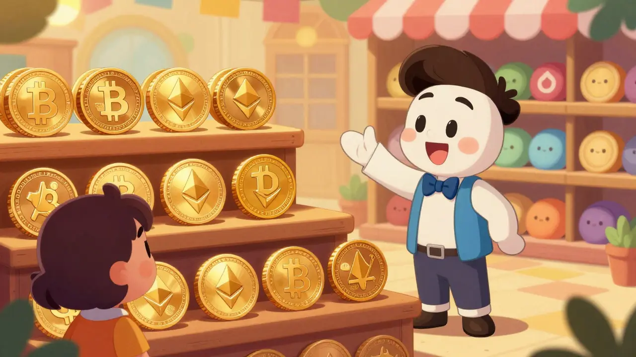 Ilustración Disney mostrando monedas cripto disponibles y otras ausentes en estantes