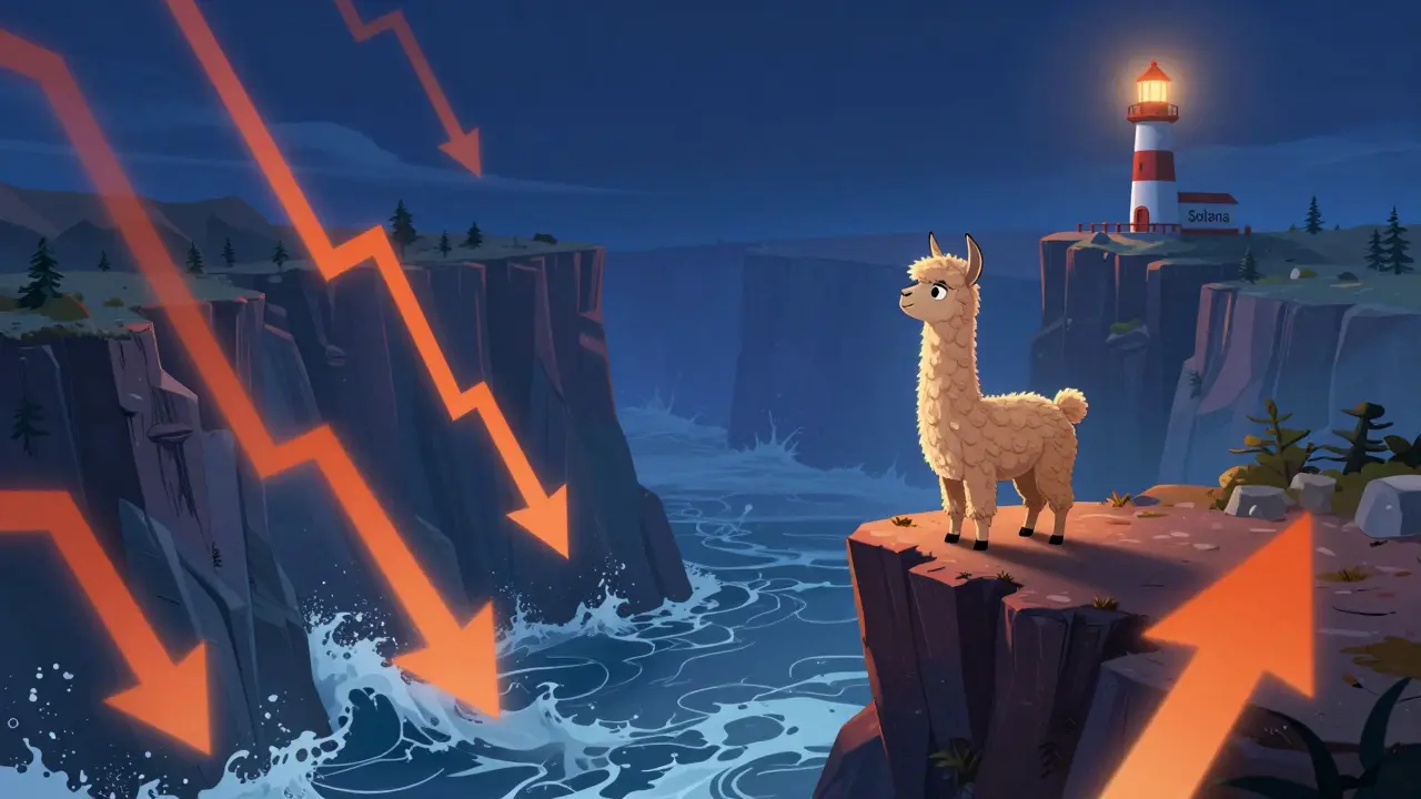 Ilustración dramática de riesgo de mercado: una llama cerca de un acantilado con gráficos de precios cayendo.
