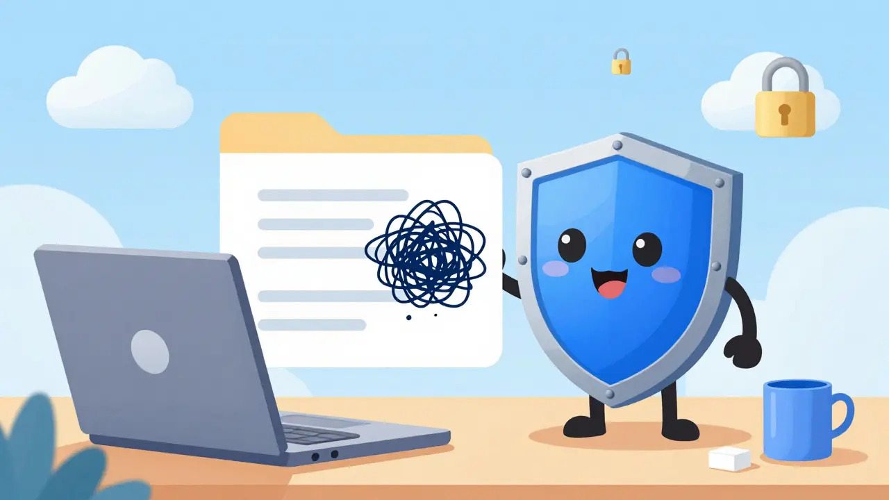 Ilustración estilo Disney de un escudo protector asegurando la privacidad al limpiar metadatos de PDFs.
