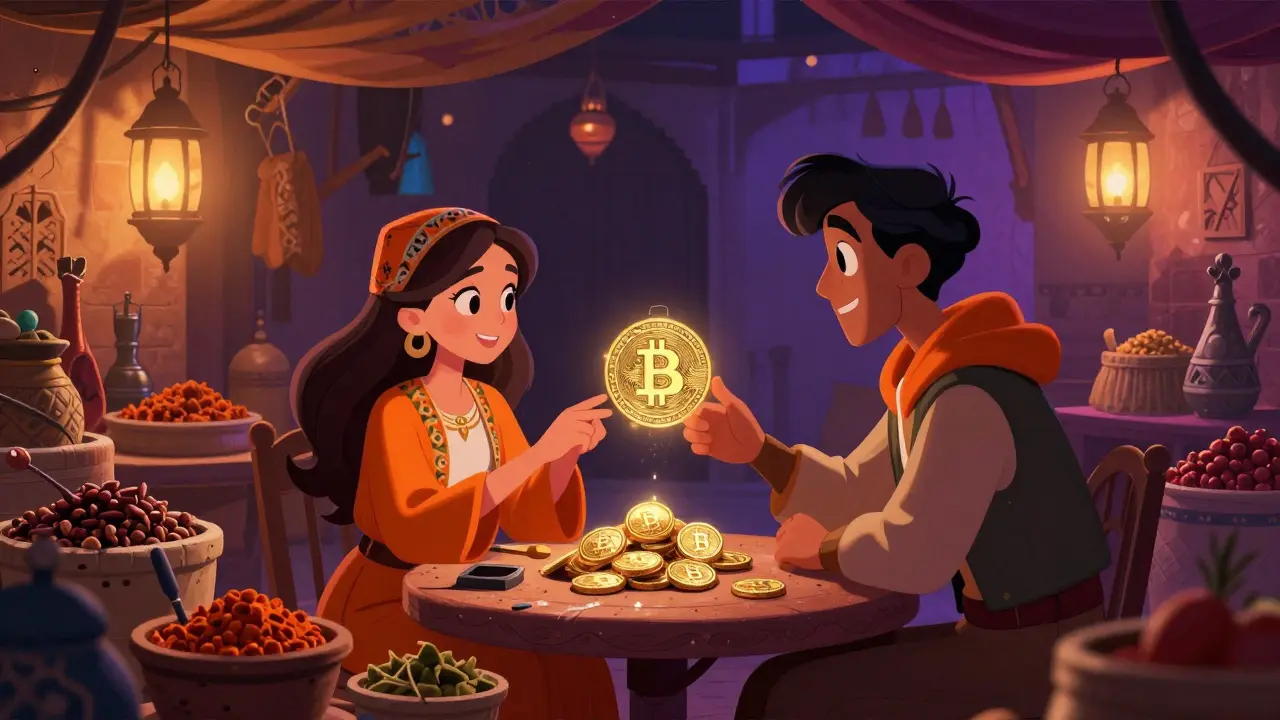 Intercambio clandestino de criptomonedas en las sombras de un zoco marroquí tradicional