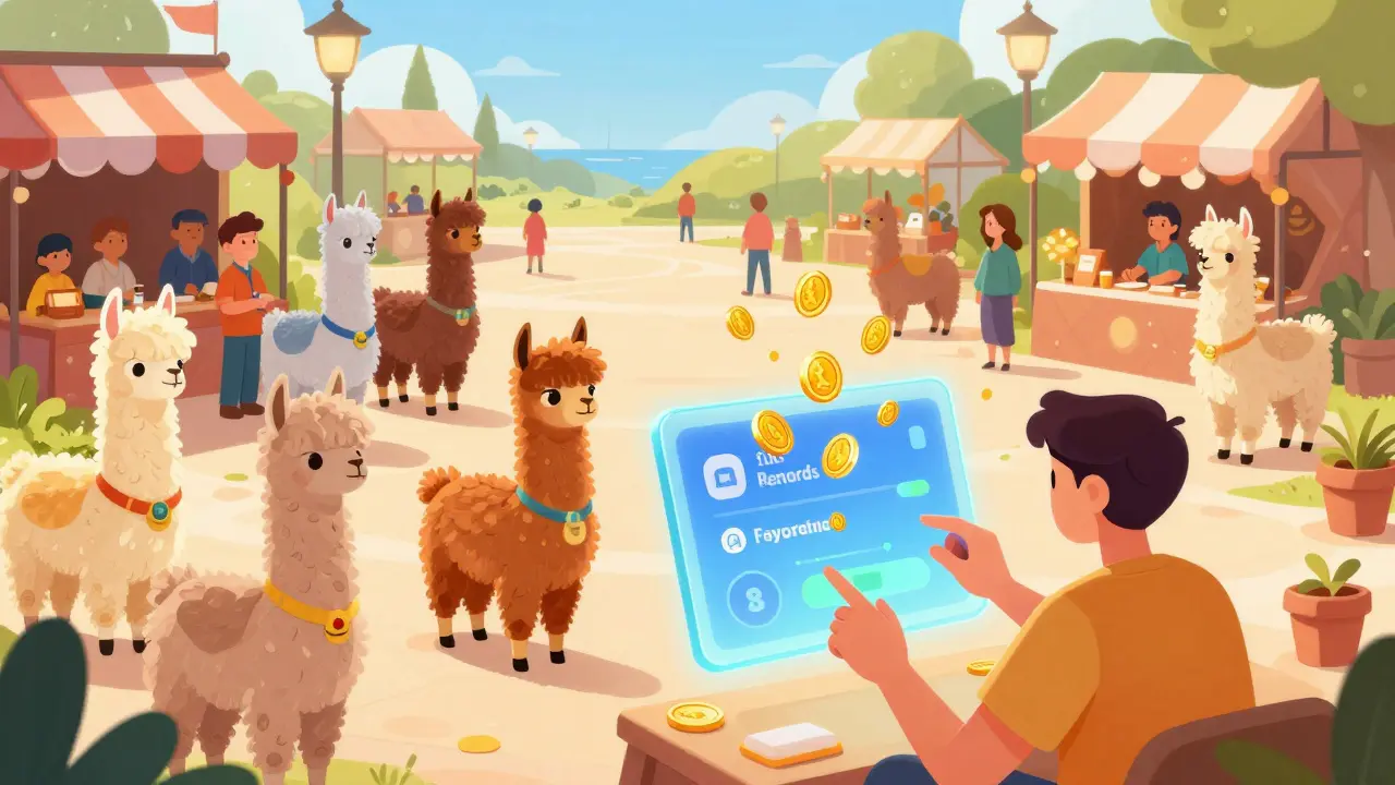 Mercado vibrante estilo Disney donde llamas NFT intercambian monedas doradas y recompensas de staking.