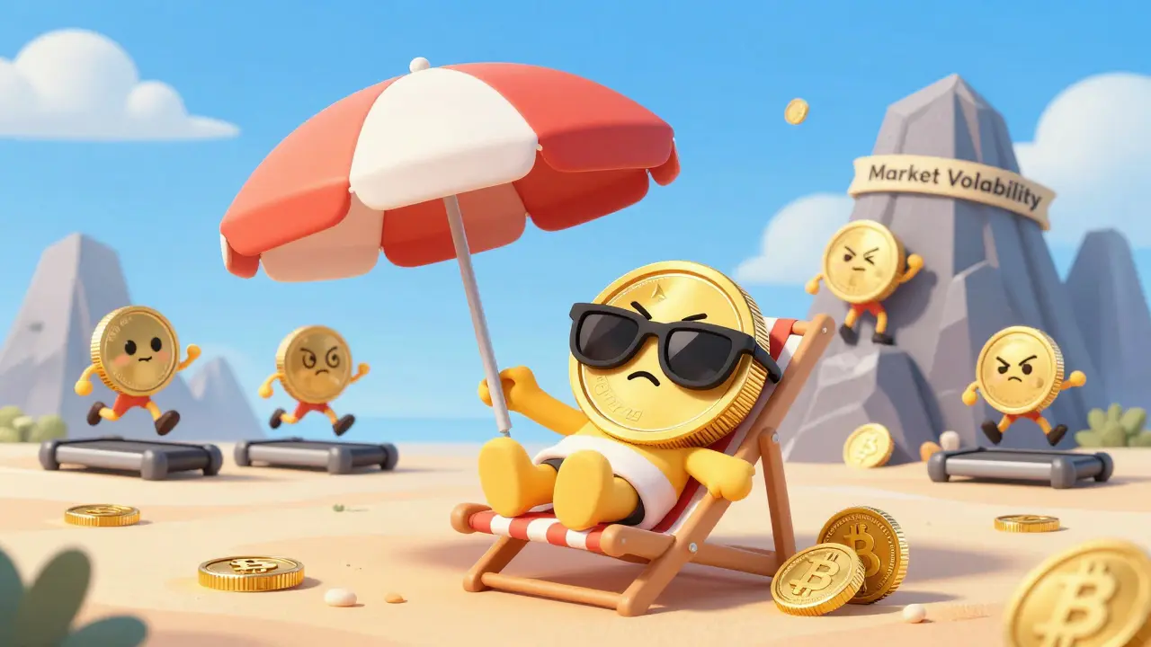 Moneda de meme relajada en la playa mientras otras corren por las montañas
