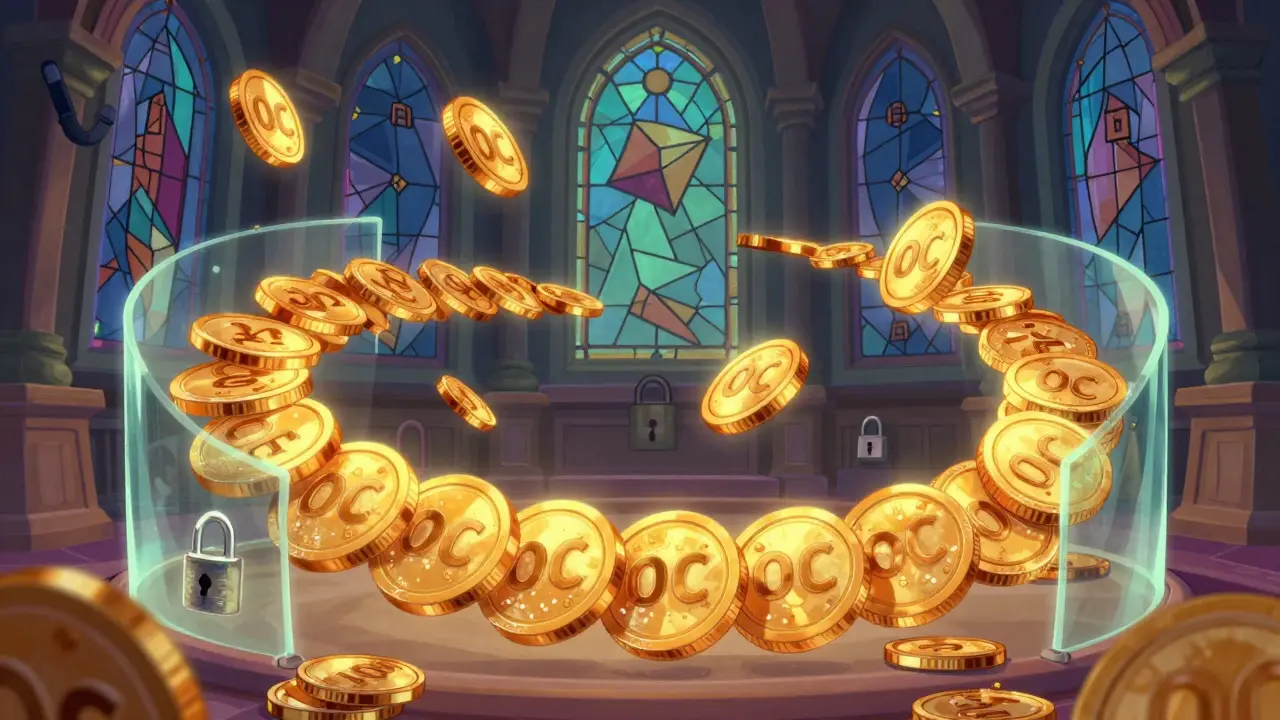 Monedas doradas flotantes simbolizando el suministro fijo del token OC en un estilo mágico