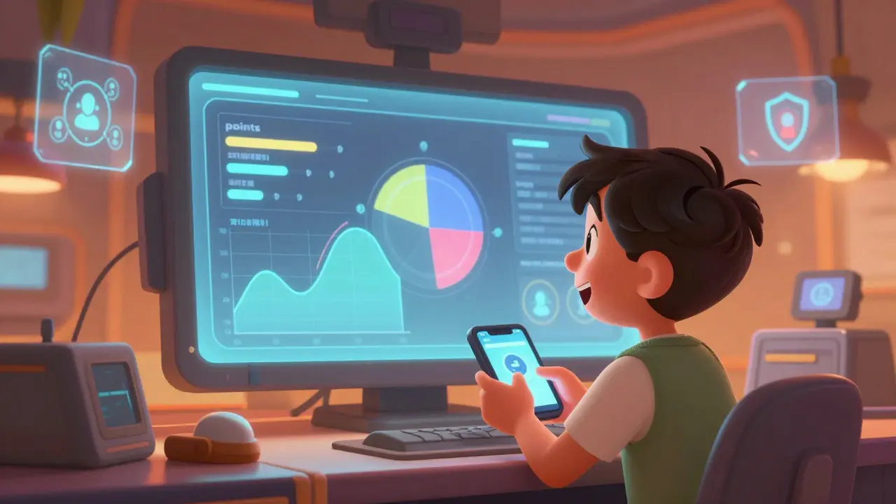 Personaje animado revisando su progreso en una interfaz futurista y colorida