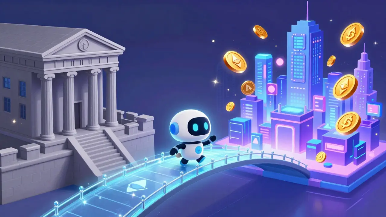 Personaje cruzando un puente mágico hacia una ciudad futurista de criptomonedas rápidas