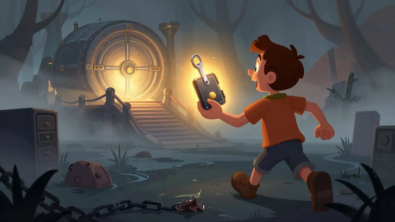 Personaje Disney transfiriendo activos con luz dorada hacia un cofre seguro brillante
