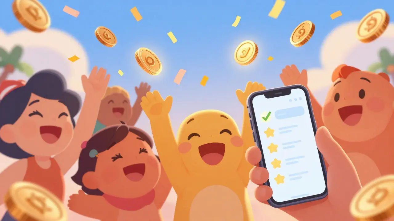 Personajes felices atrapan monedas digitales que caen del cielo como confeti.