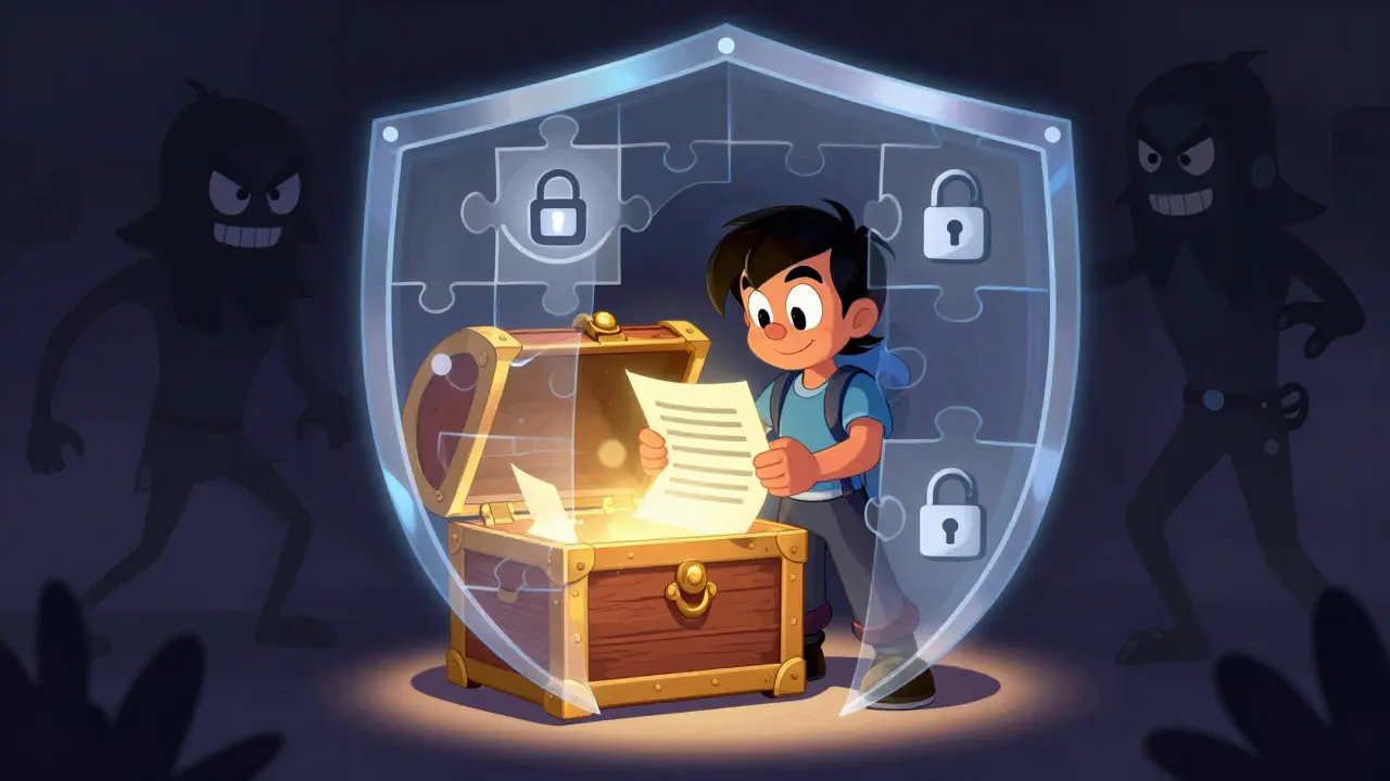Protagonista protegiendo su billetera digital con un escudo brillante contra amenazas