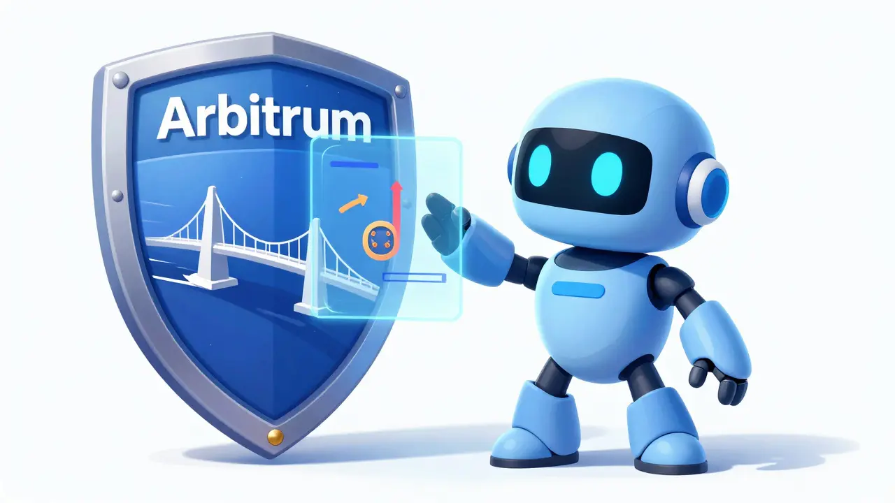 Robot mascota azul y escudo Arbitrum en estilo ilustración Disney