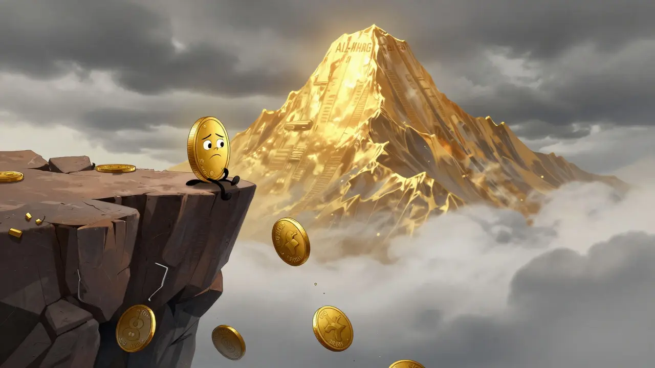 Un token triste mira desde un acantilado hacia el pico histórico lejano, estilo ilustración Disney