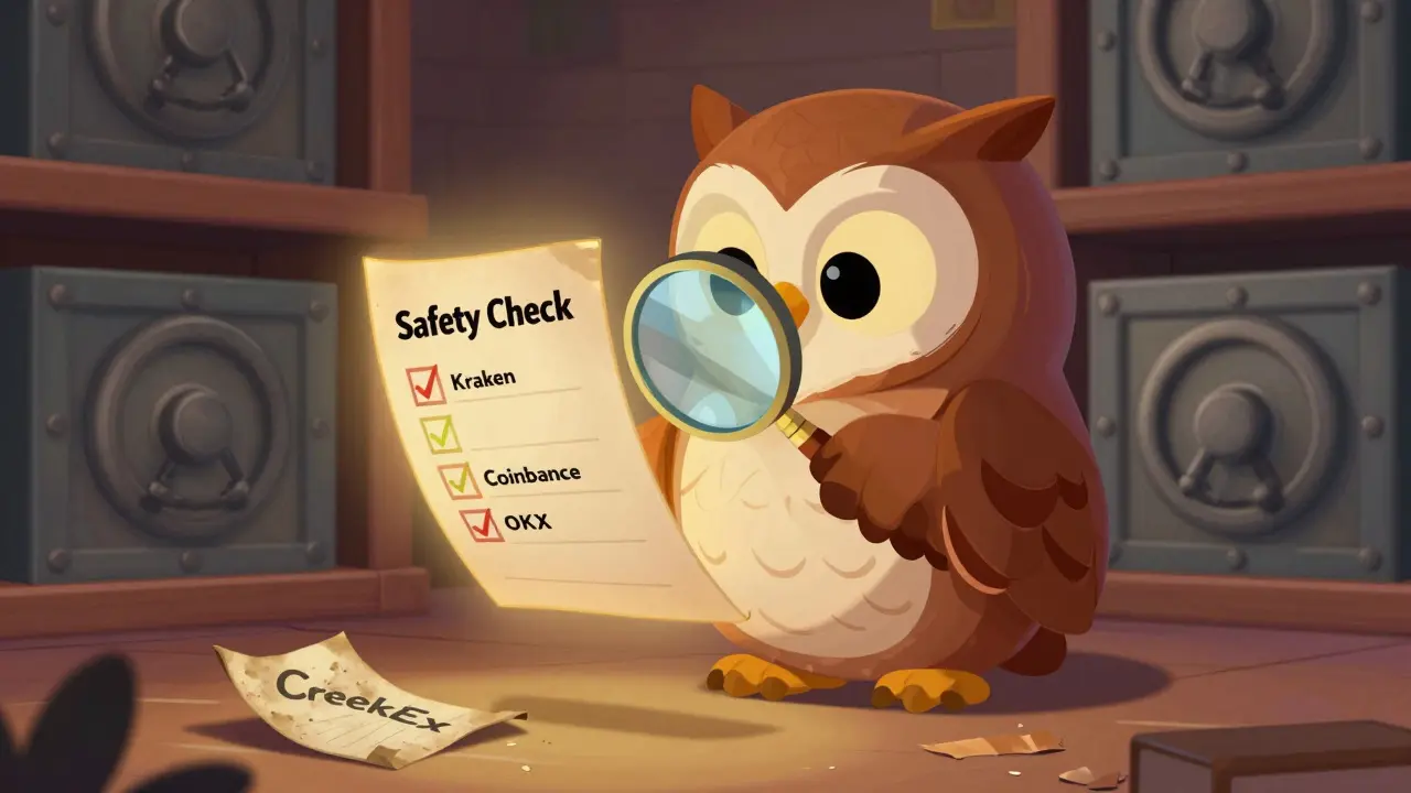 Búho sabio revisando una lista de verificación de seguridad para exchanges