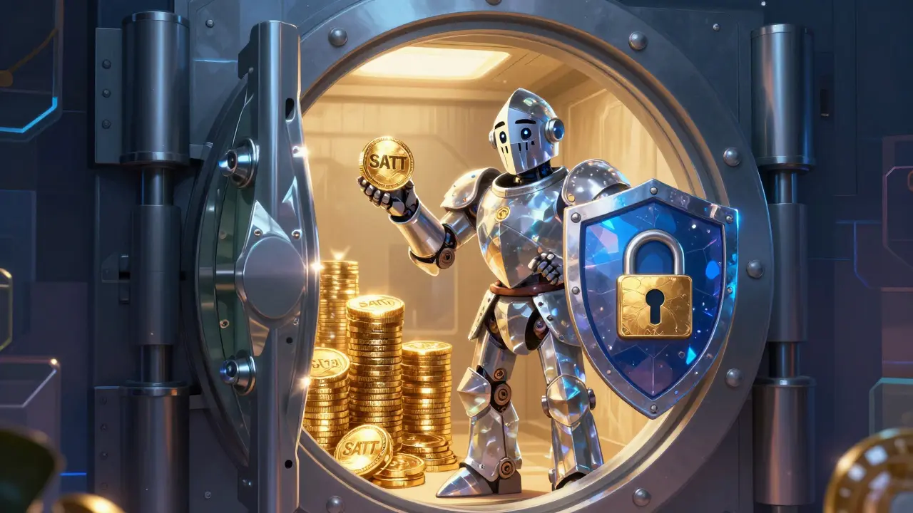Caballero robot protegiendo un cofre de tokens seguros en estilo Disney