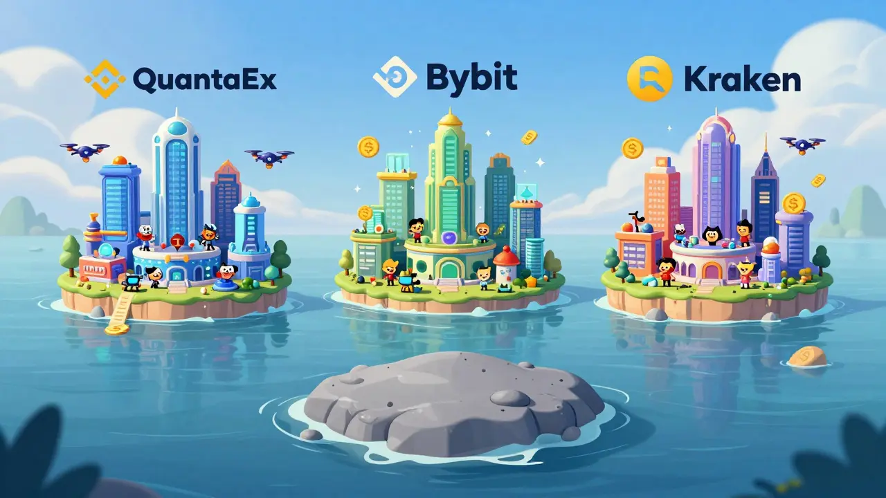 Comparación visual de estilo Disney entre la isla aislada de QuantaEx y las ciudades vibrantes de otros exchanges líderes