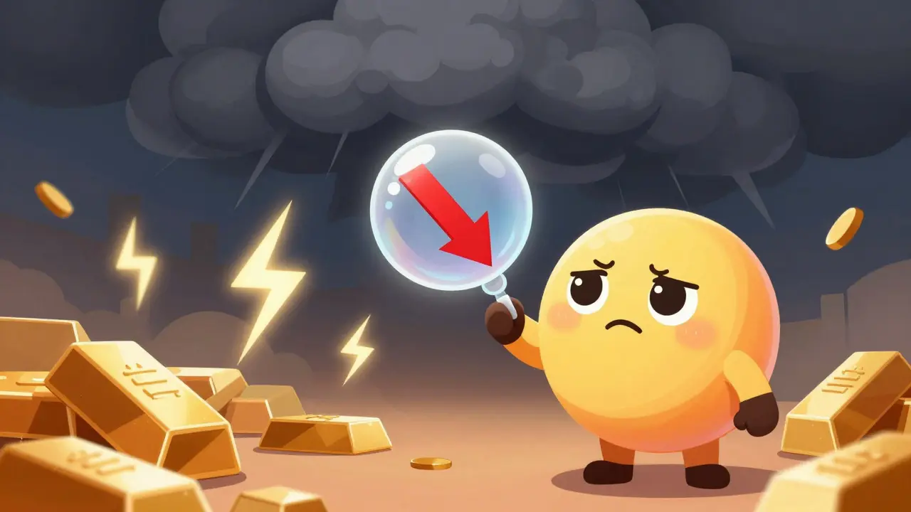 Emoji Quq nervioso frente a una tormenta financiera y flechas rojas