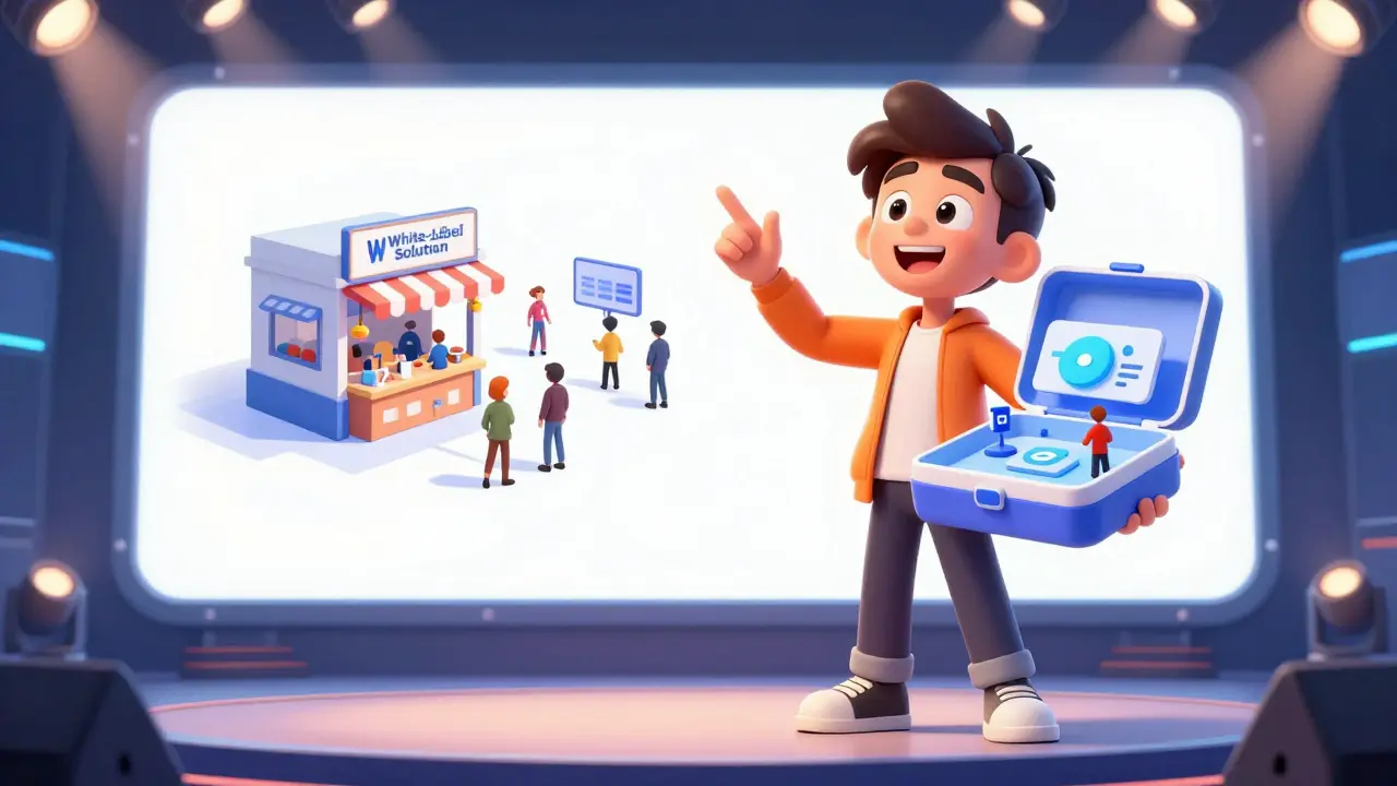 Emprendedor mostrando una solución white-label en una caja mágica