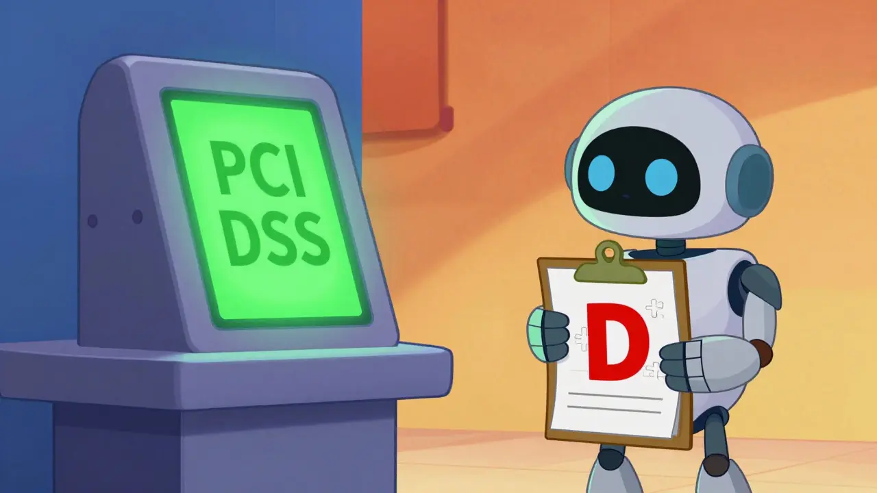 Escena de seguridad: certificado PCI brillante vs calificación D