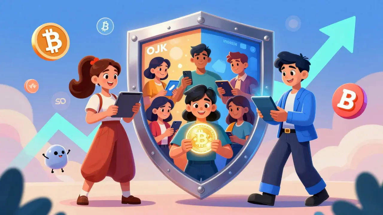 Escudo protector de OJK y BI salvaguardando a inversores cripto en estilo animación Disney