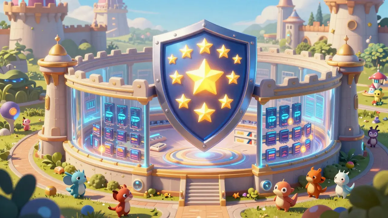 Fortaleza segura con escudo estelar protegiendo activos digitales en estilo Disney