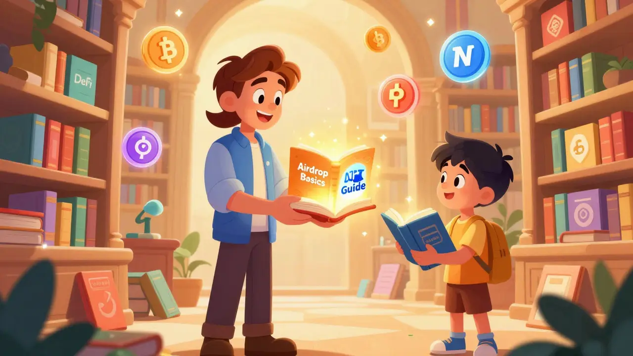 Guía amable entregando libros brillantes sobre cripto en una biblioteca mágica