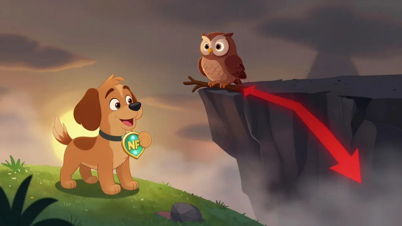Ilustración de riesgo y recompensa en criptomonedas con un perro feliz y un búho sabio