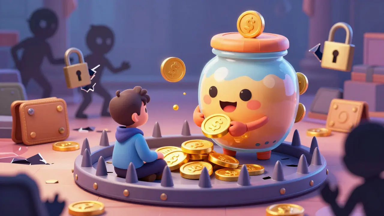Ilustración estilo Disney de una trampa digital engañosa con monedas falsas