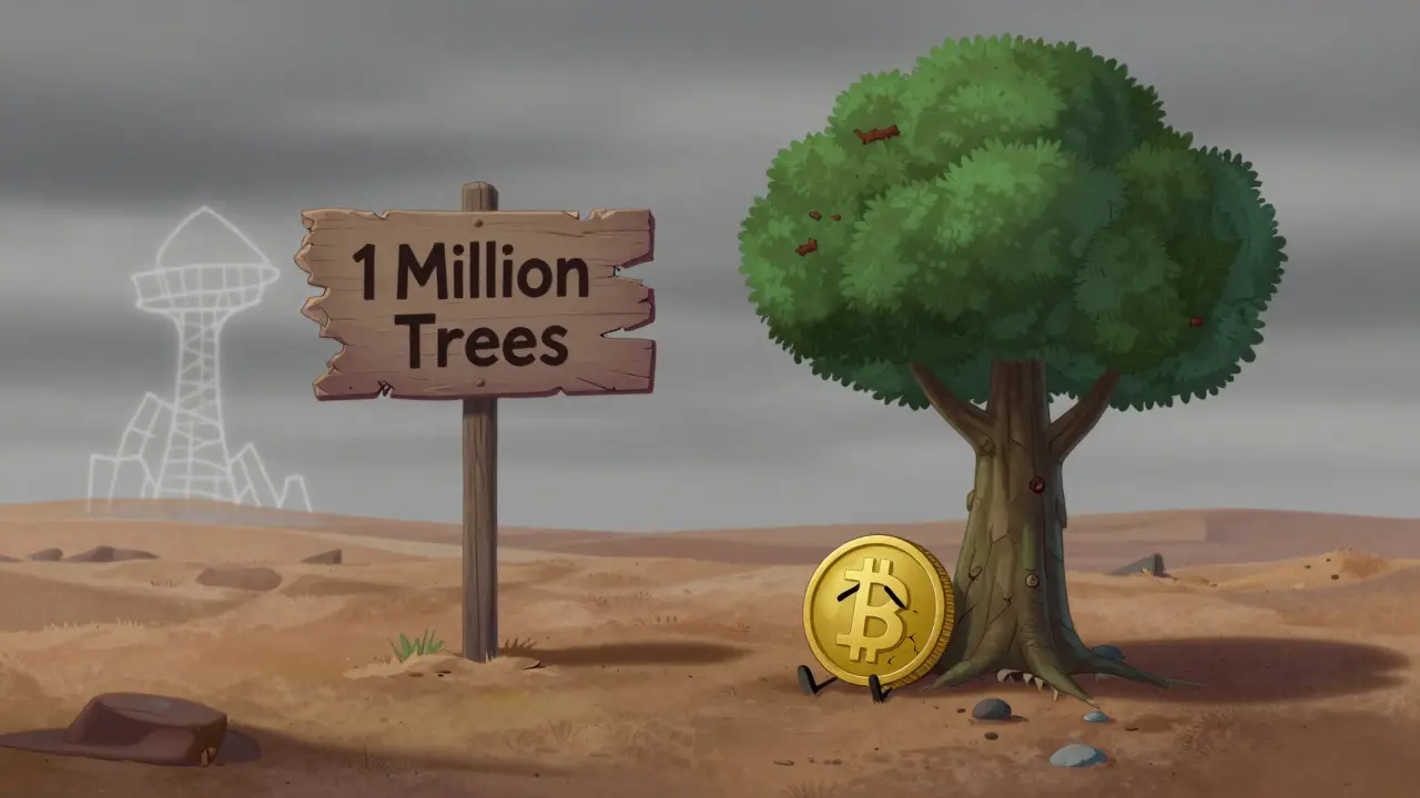 Paisaje árido con árbol seco y moneda rota simbolizando promesas incumplidas