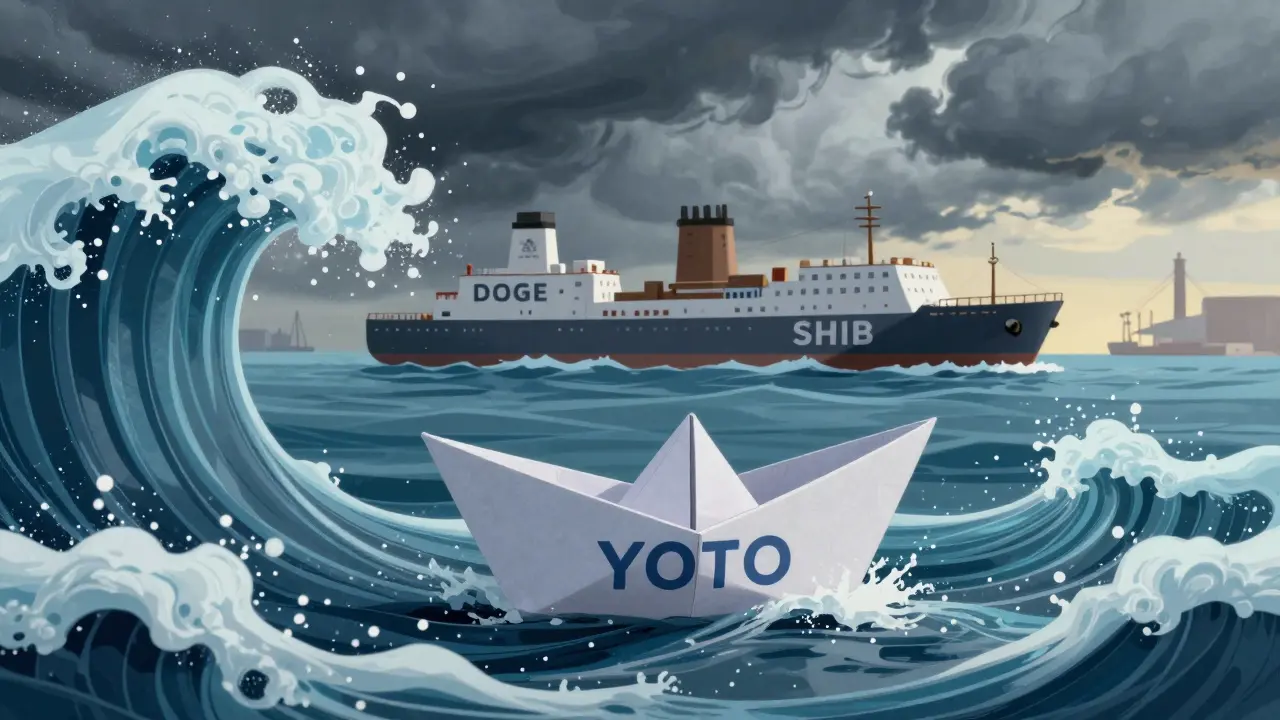 Pequeño barco frágil luchando contra olas gigantes mientras barcos grandes navegan seguros