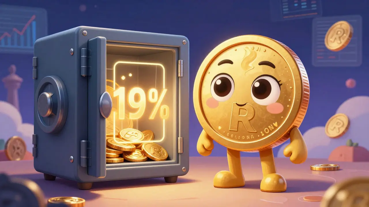 Personaje moneda RION junto a una bóveda de oferta limitada en estilo Disney